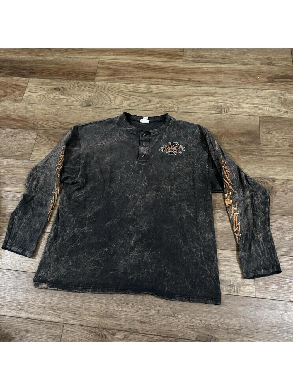 Vintage Y2K Black Acid Wash Laughlin Biker Henley Shirt